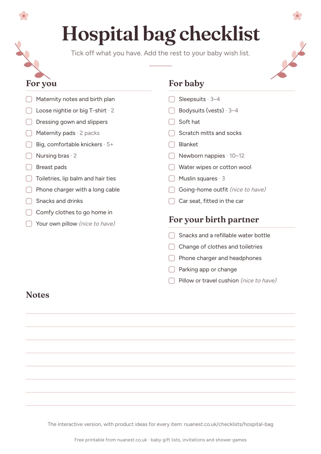 Printable hospital bag checklist (UK), free to download
