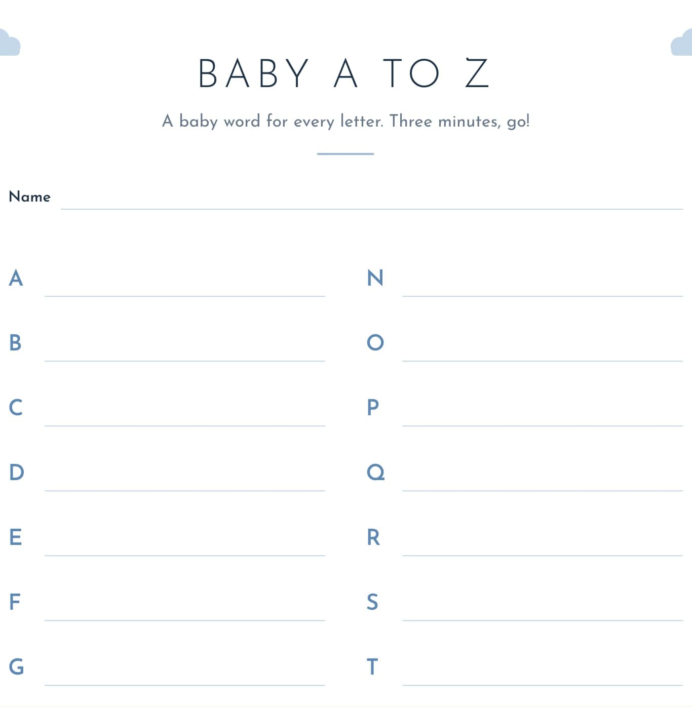 Free printable baby a to z baby shower game