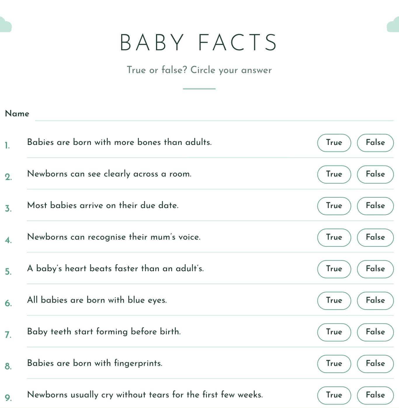 Free printable baby facts: true or false? baby shower game