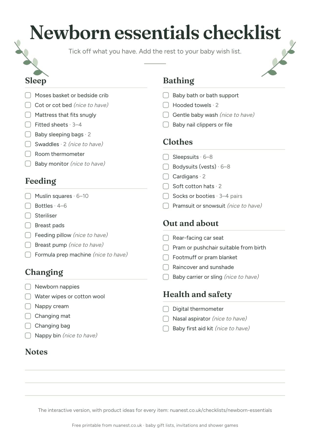 Printable newborn essentials checklist (UK), free to download