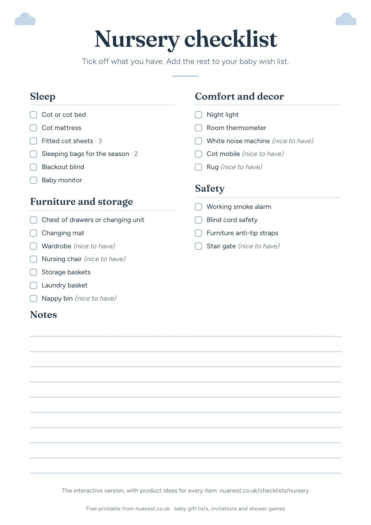 Printable nursery checklist (UK), free to download