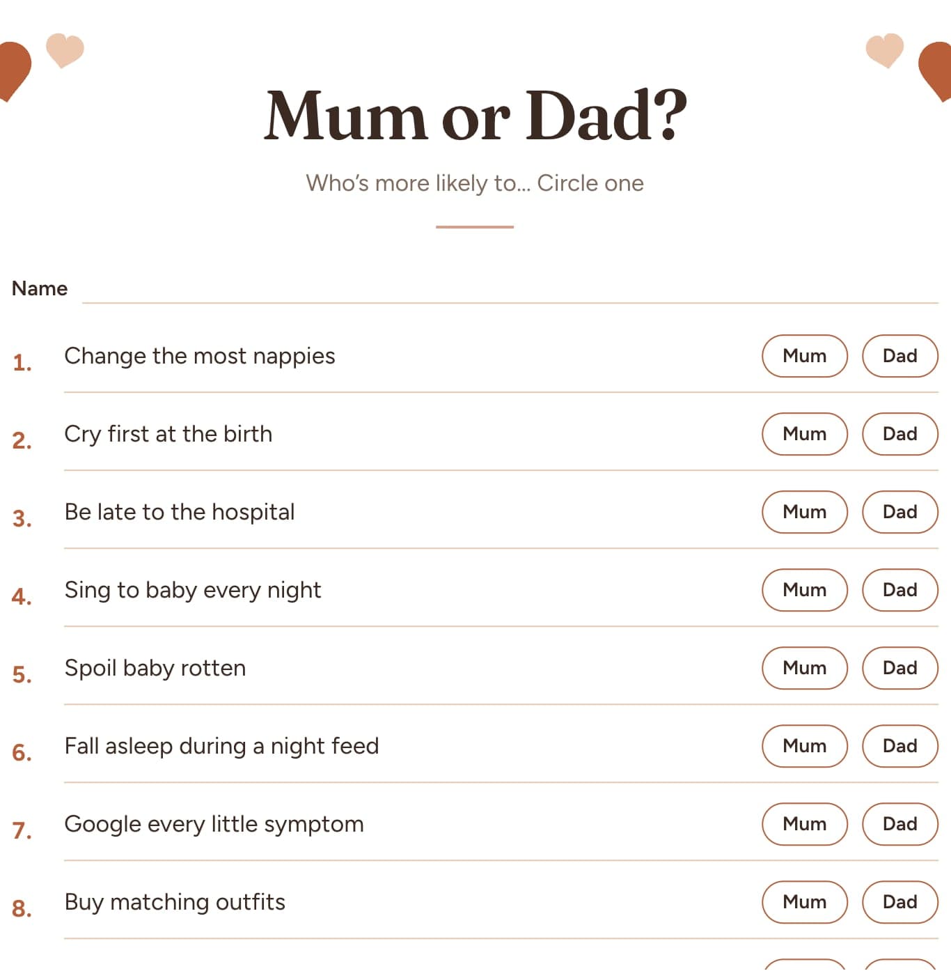 Free printable mum or dad? baby shower game