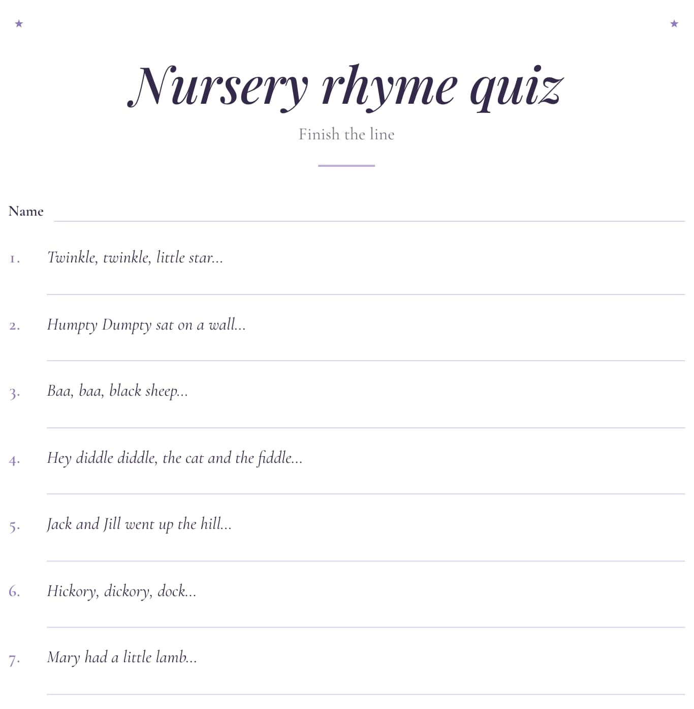 Free printable nursery rhyme quiz baby shower game