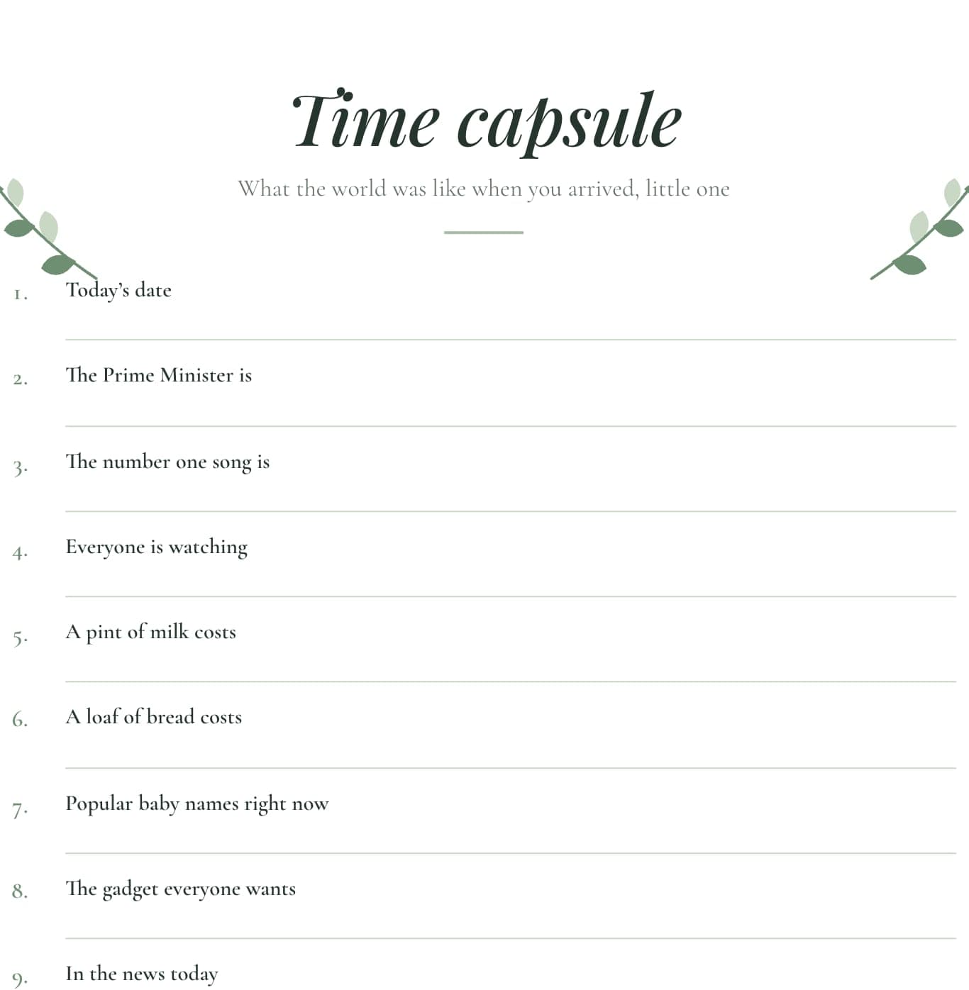Free printable time capsule for baby baby shower game