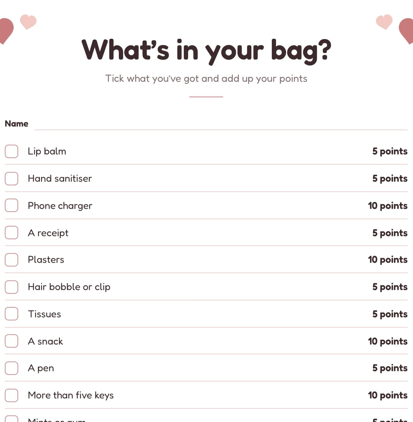 Free printable what’s in your bag? baby shower game