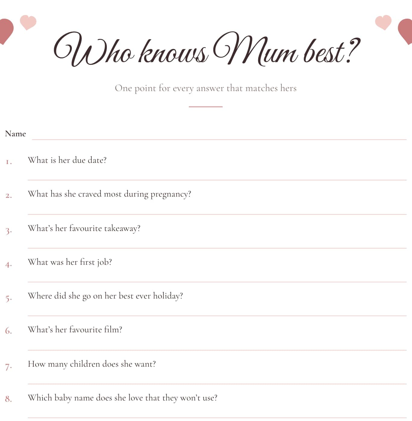 Free printable who knows mum best? baby shower game