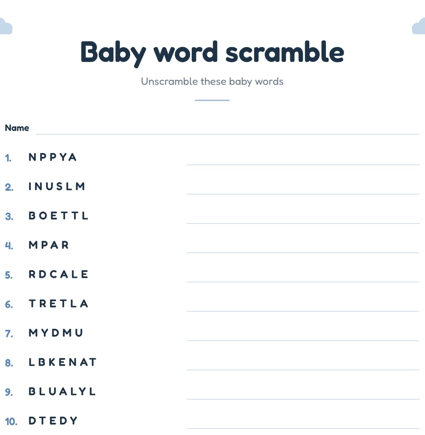Free printable baby word scramble baby shower game