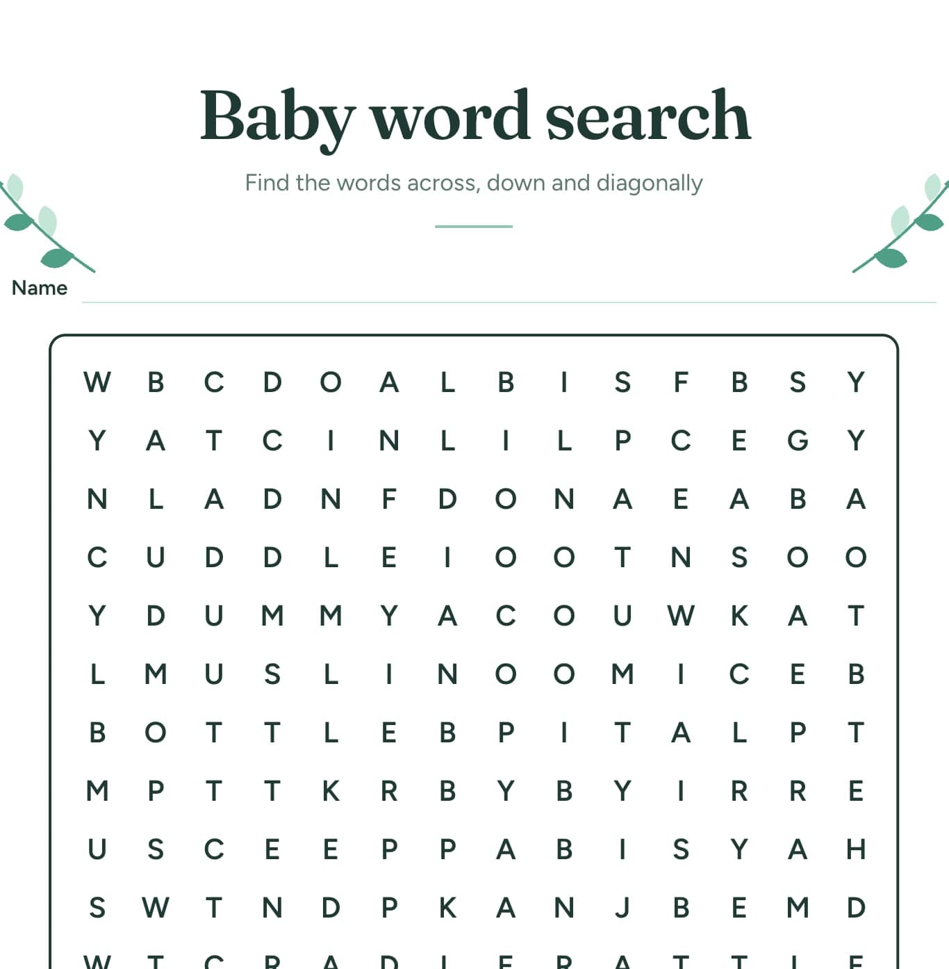 Free printable baby word search baby shower game
