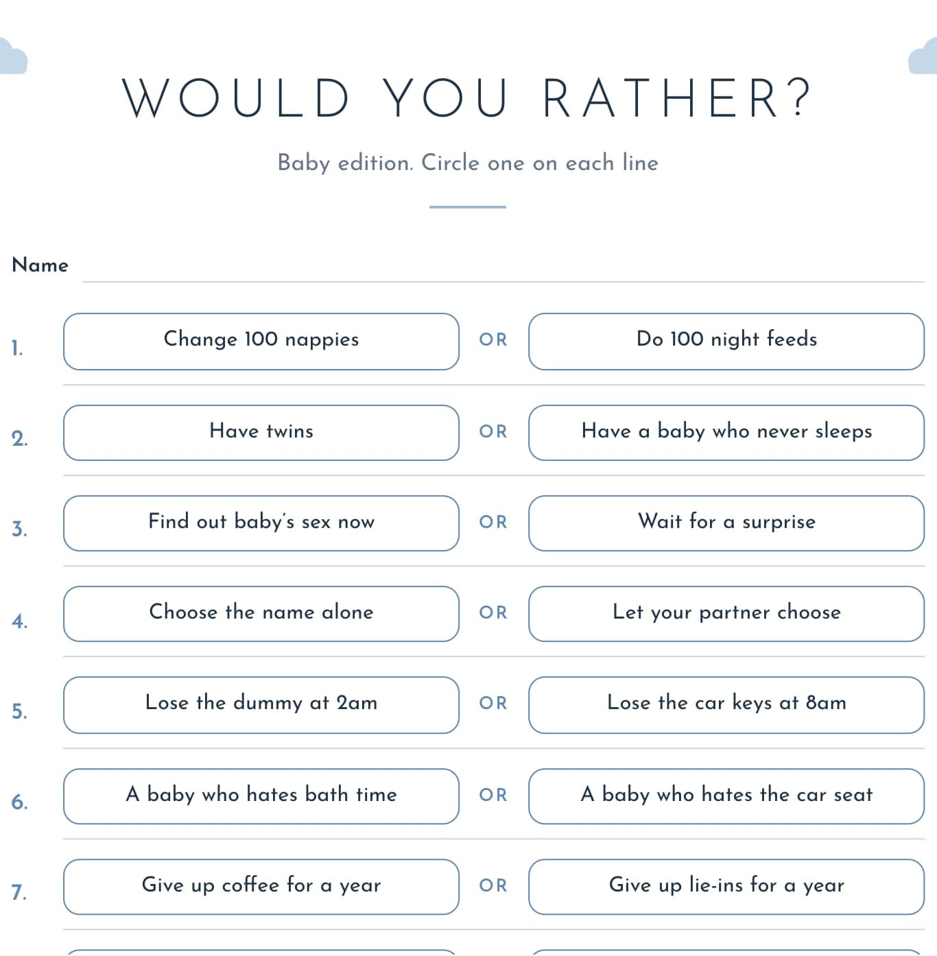 Free printable would you rather? baby edition baby shower game