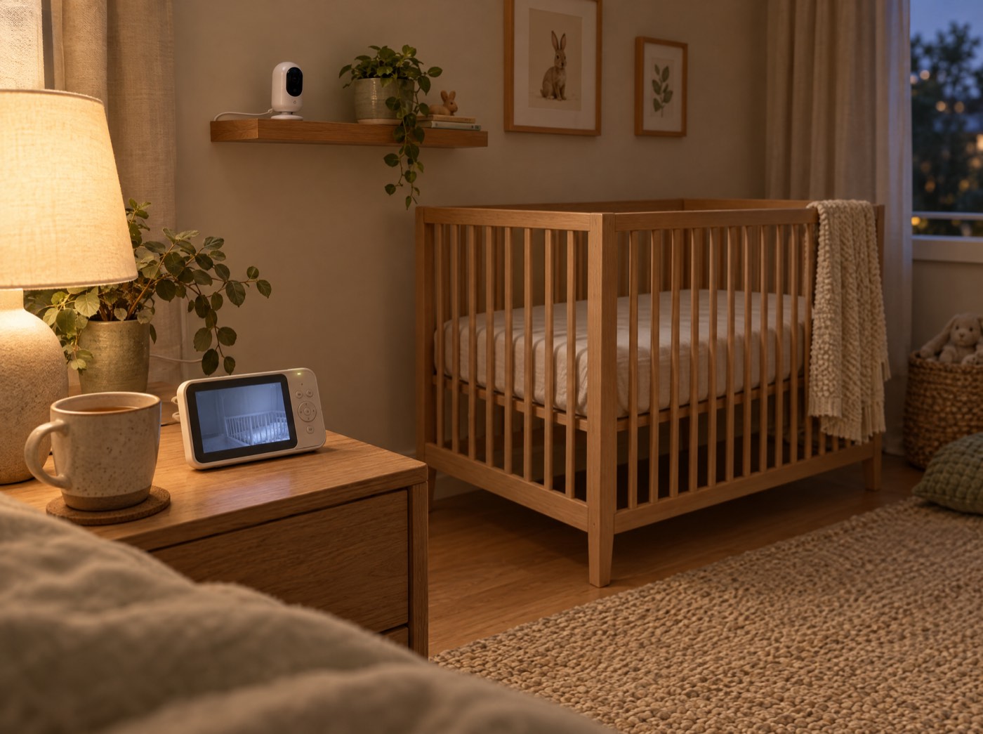 A baby monitor camera on a nursery shelf, with the parent screen glowing on a bedside table