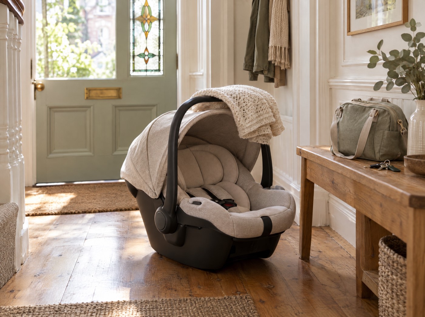 An infant car seat with a knitted blanket, waiting by the front door