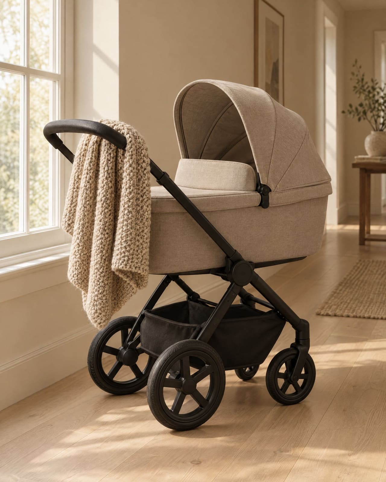 A pushchair parked in a sunny hallway