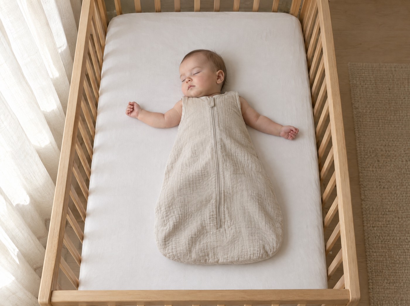 A baby asleep on their back in a sleeping bag, in a clear cot